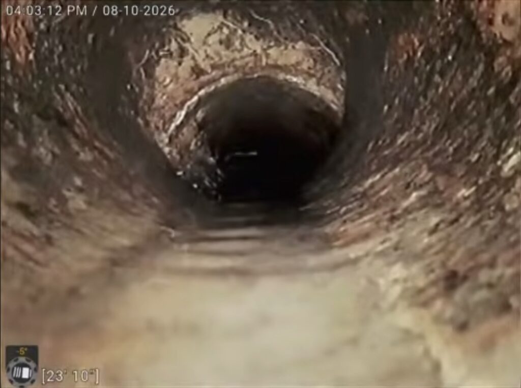 Sewer camera still of a true offset in cast iron tile pipe with soil visible above the separated joint